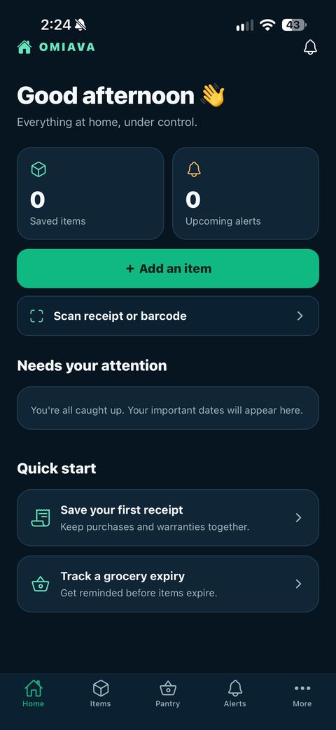 Omiava home screen showing saved items, alerts, and quick start options